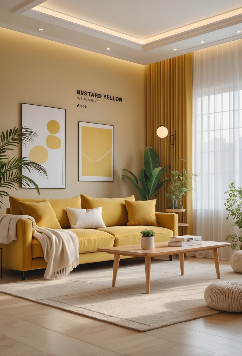 A modern living room with a muted mustard yellow sofa, wooden coffee table, plants, and large windows letting in natural light.