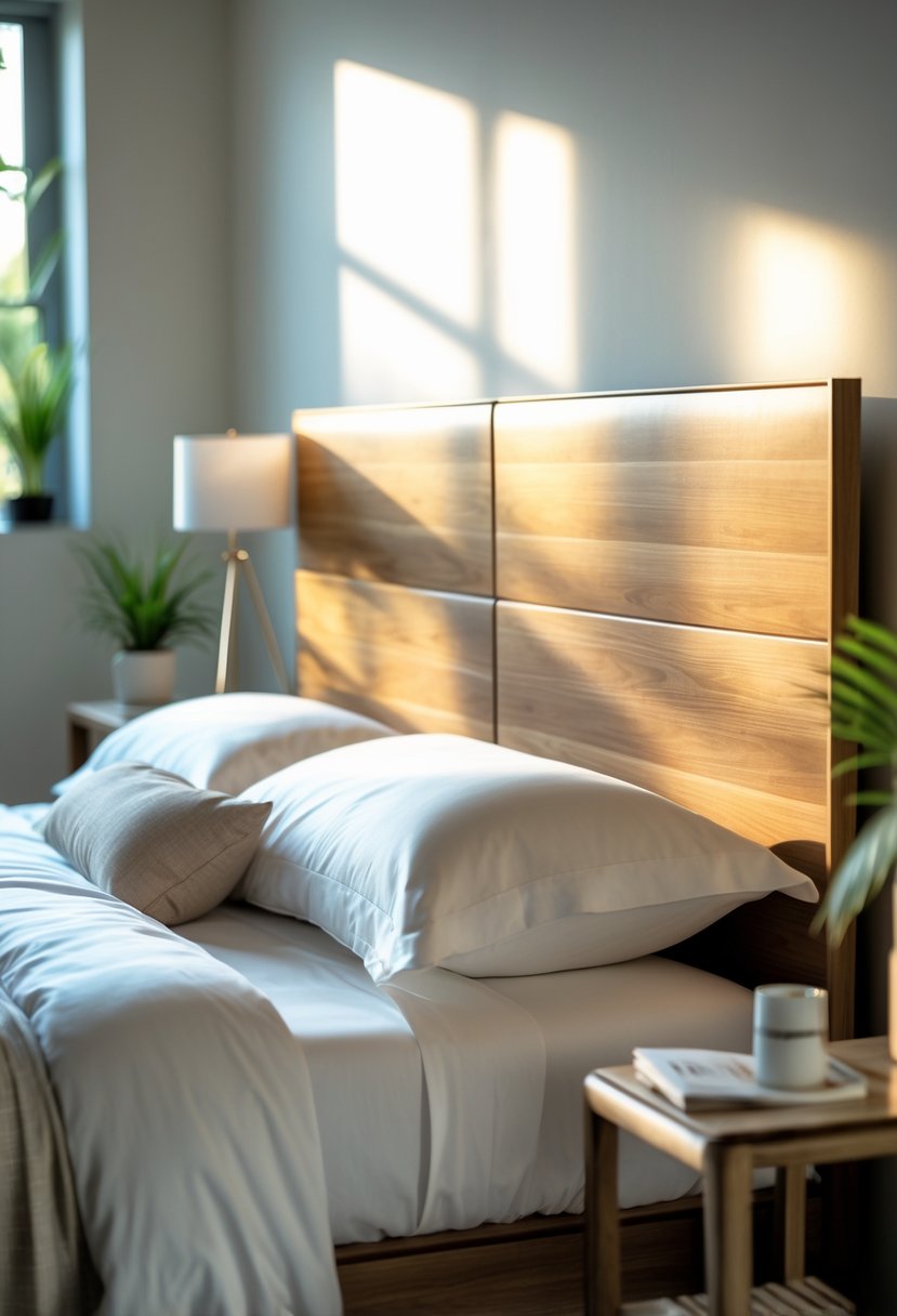A neatly made bed with a wooden headboard in a bright bedroom with natural light and a bedside table with a lamp and plant.