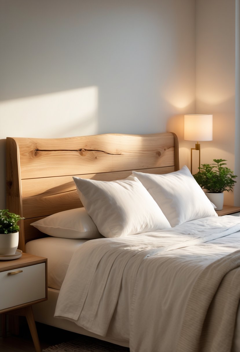 A peaceful bedroom featuring a wooden headboard, a neatly made bed with white linens, a bedside table with a plant and lamp, all bathed in soft natural light.