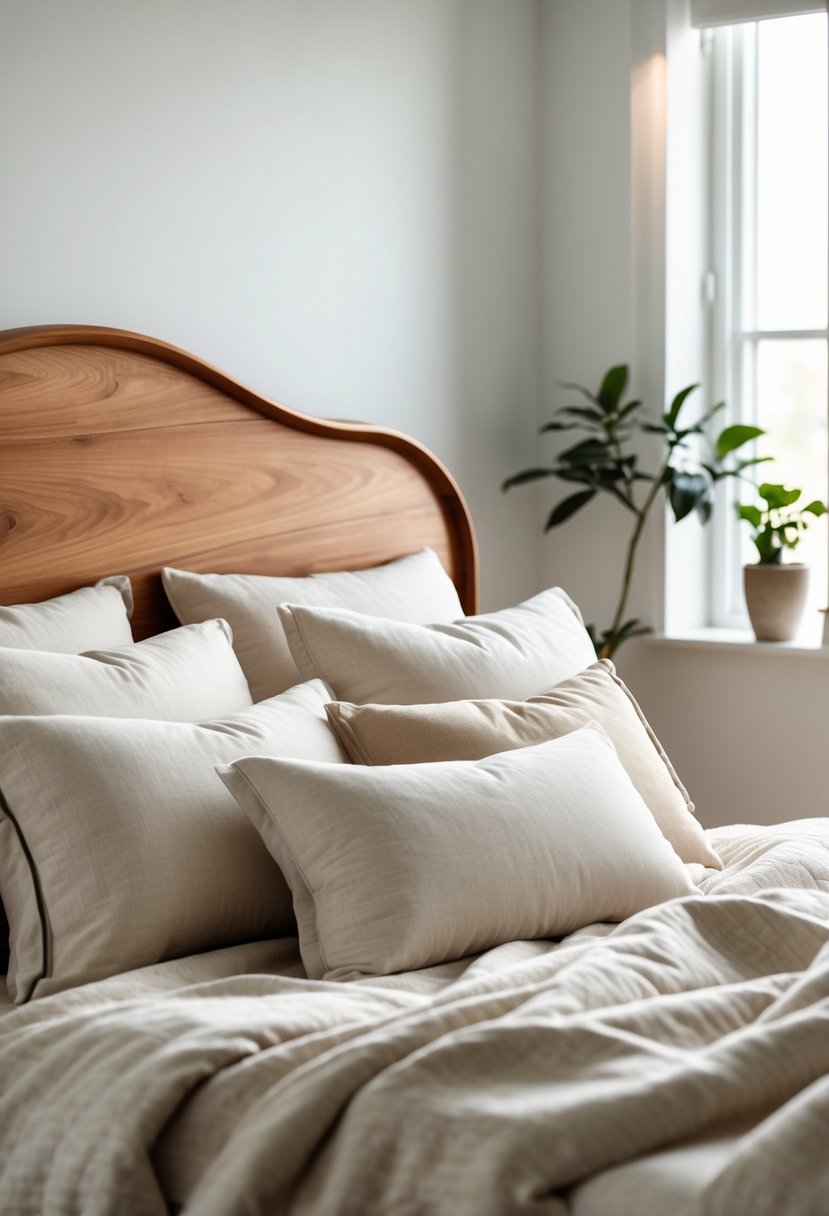 A peaceful bedroom featuring a wooden headboard with soft bedding and natural light coming through a window.