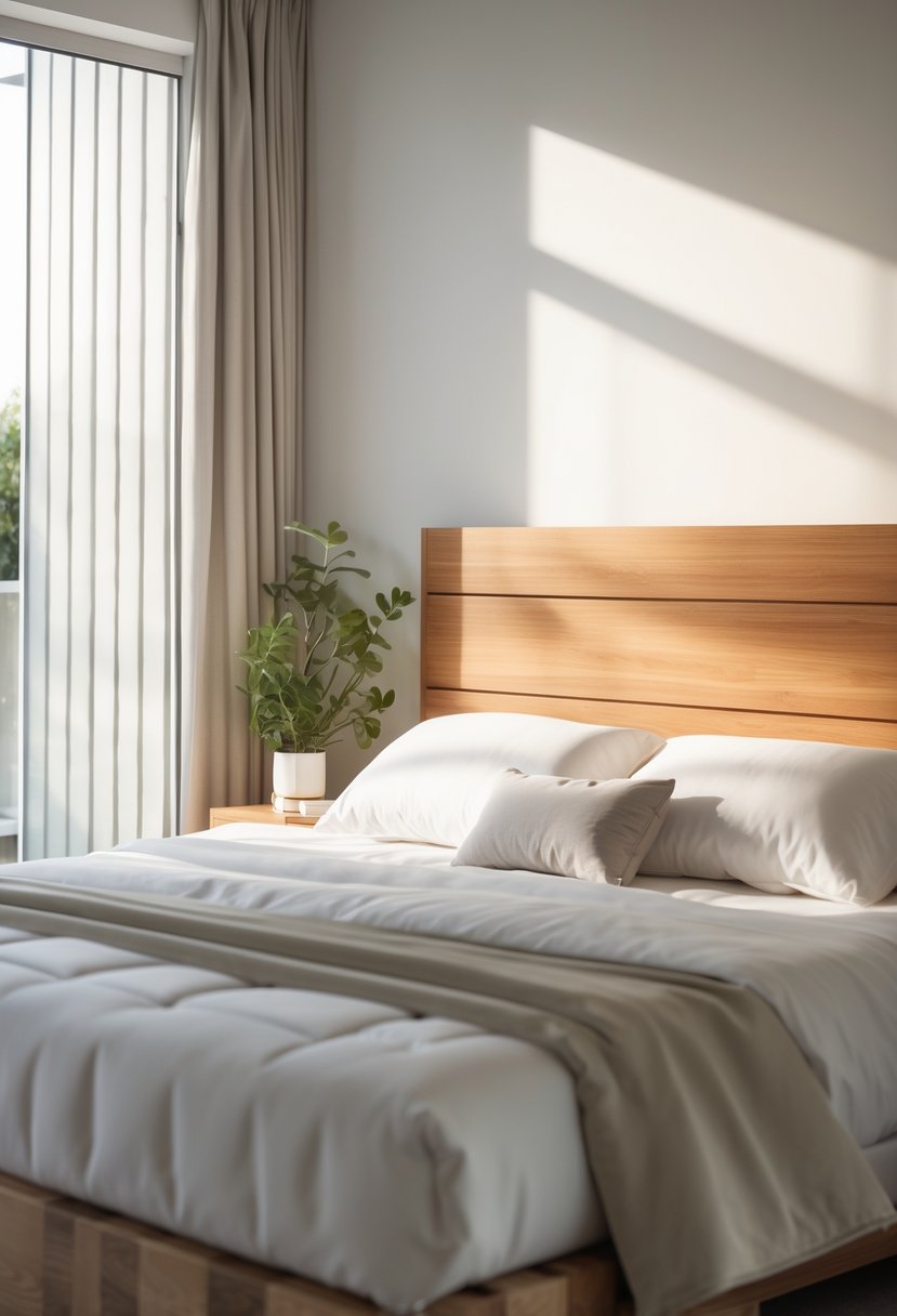 A bright bedroom with a bed featuring a wooden headboard, white bedding, and a small plant on a bedside table.