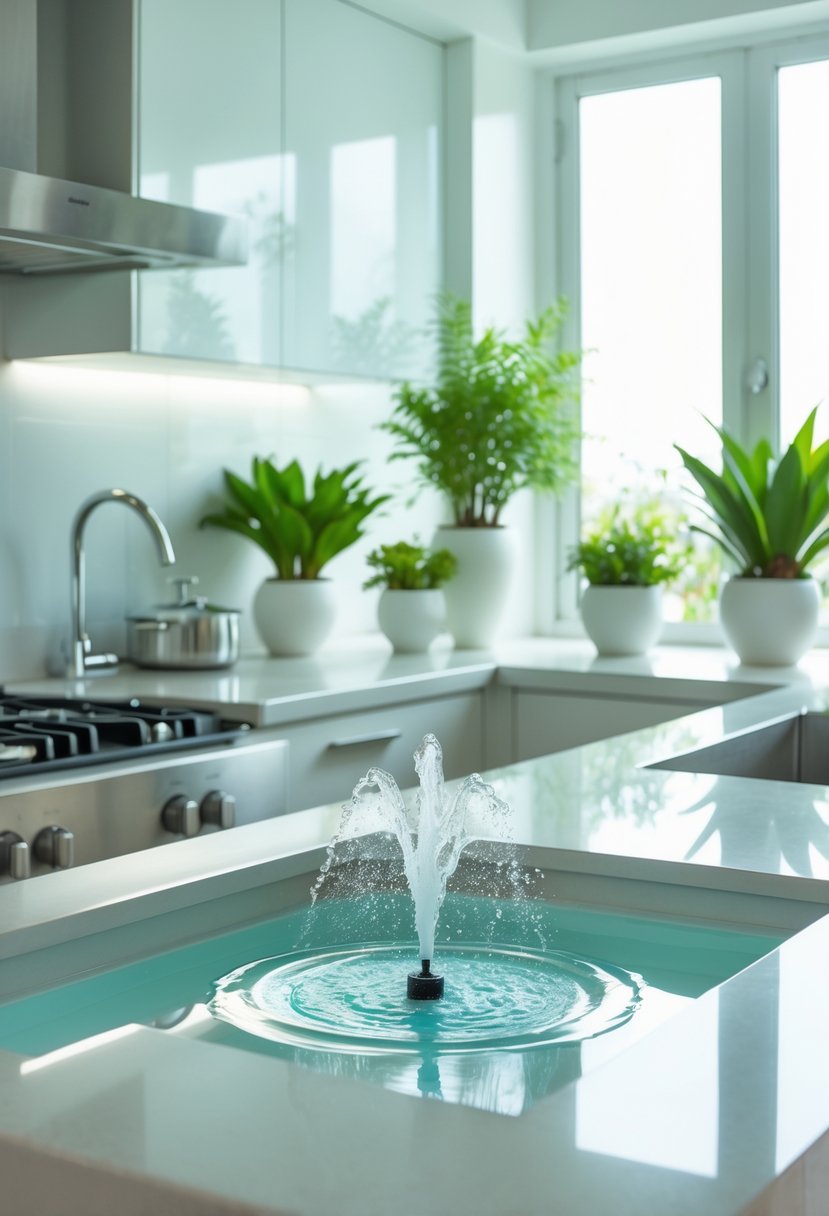 v2 16vqqm 7c7eg A modern kitchen with a small indoor water feature, plants, and natural light creating a calm and balanced atmosphere.