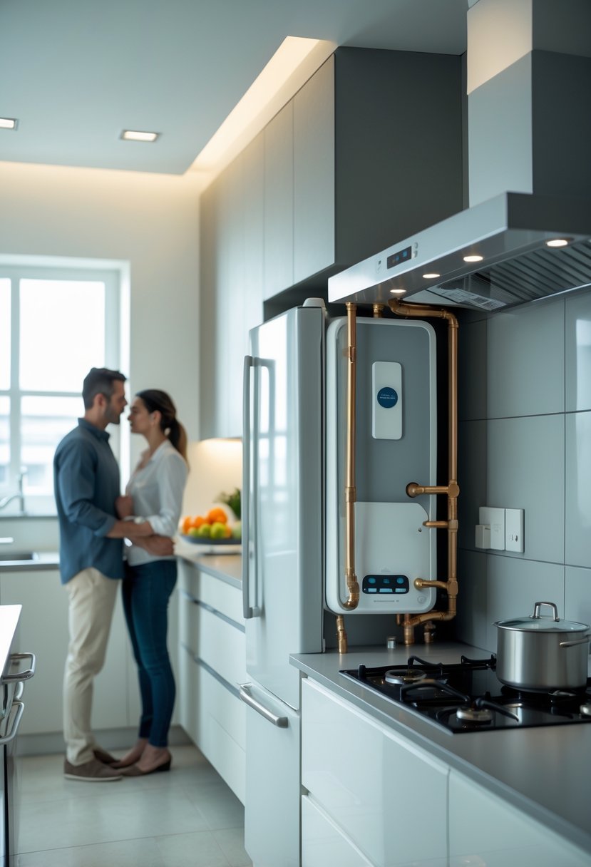 v2 16vqrs cr3gq A couple having a serious conversation in a modern kitchen with a visible hot water heater unit nearby.