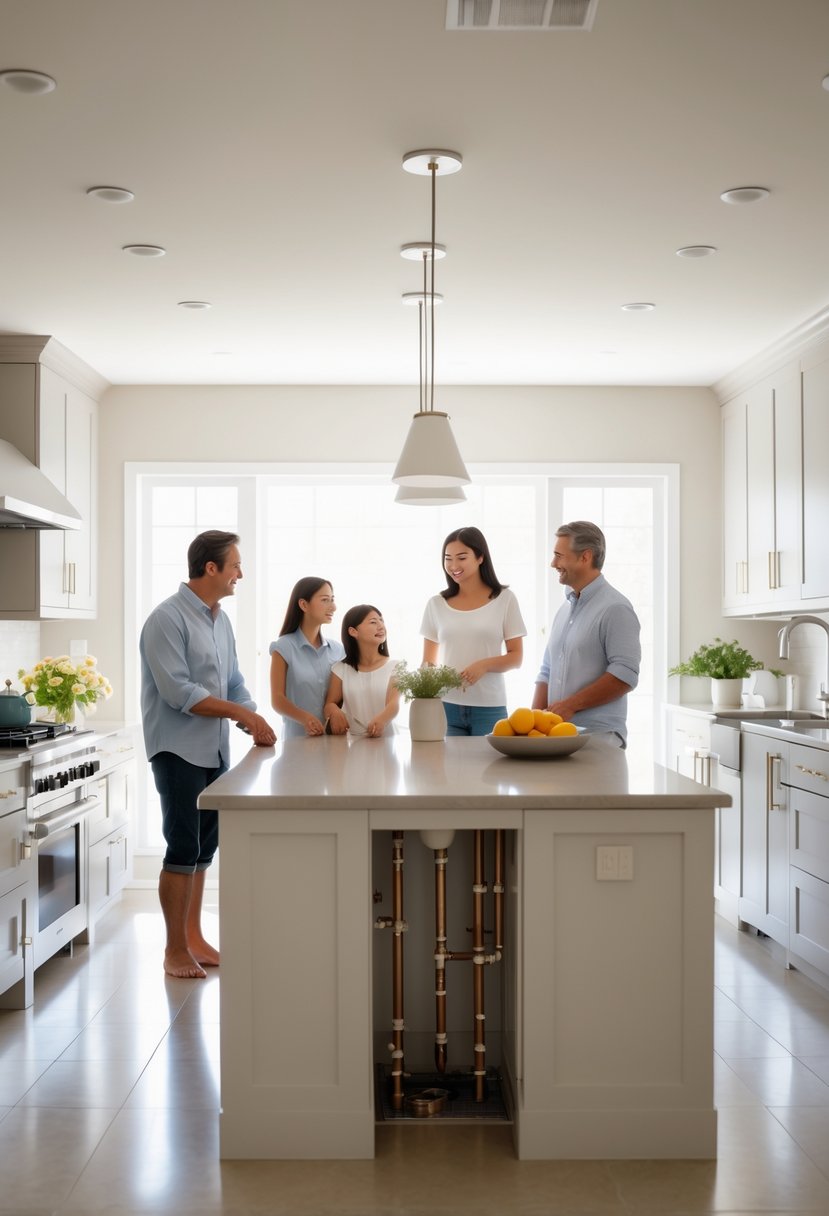 v2 16vqsy ztf9f A family calmly talking together in a modern kitchen with visible plumbing elements and natural light.