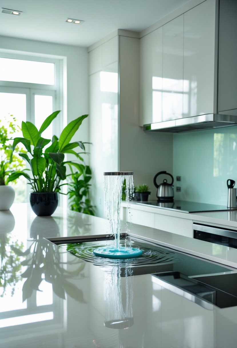 v2 16vqth r28zv A modern kitchen with a small indoor water fountain, plants, and stainless steel appliances creating a calm and balanced atmosphere.