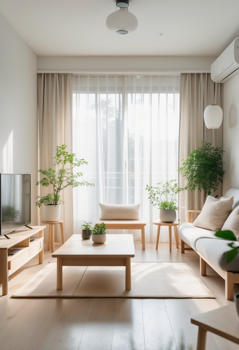 A minimalist living room with light wood furniture, green plants, and soft natural light creating a calm and inviting atmosphere.