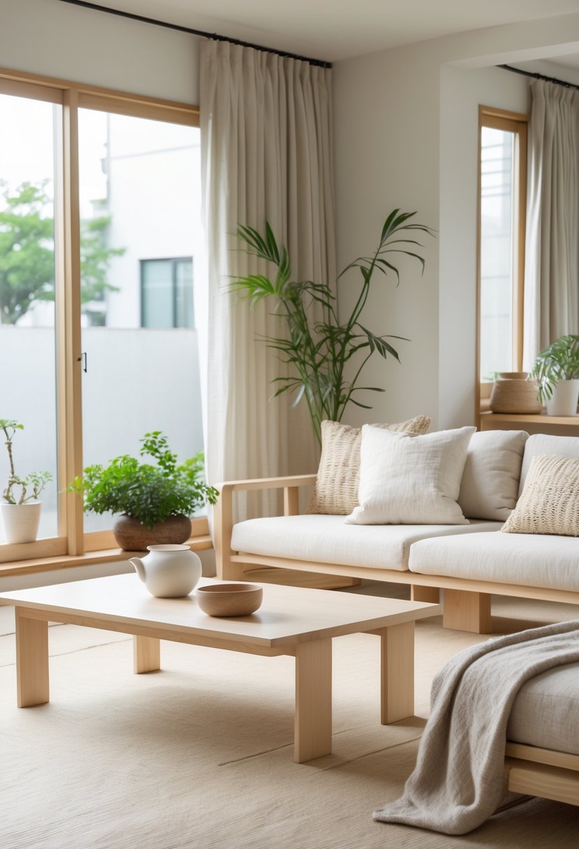 A bright living room with wooden furniture, soft cushions, plants, and natural light creating a calm and inviting atmosphere.