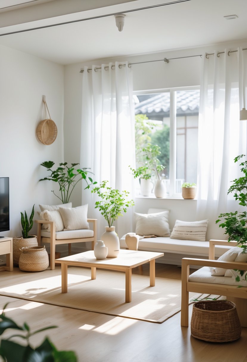 A bright, minimalist living room with light wood furniture, green plants, and natural light, featuring a low wooden table and simple decor.