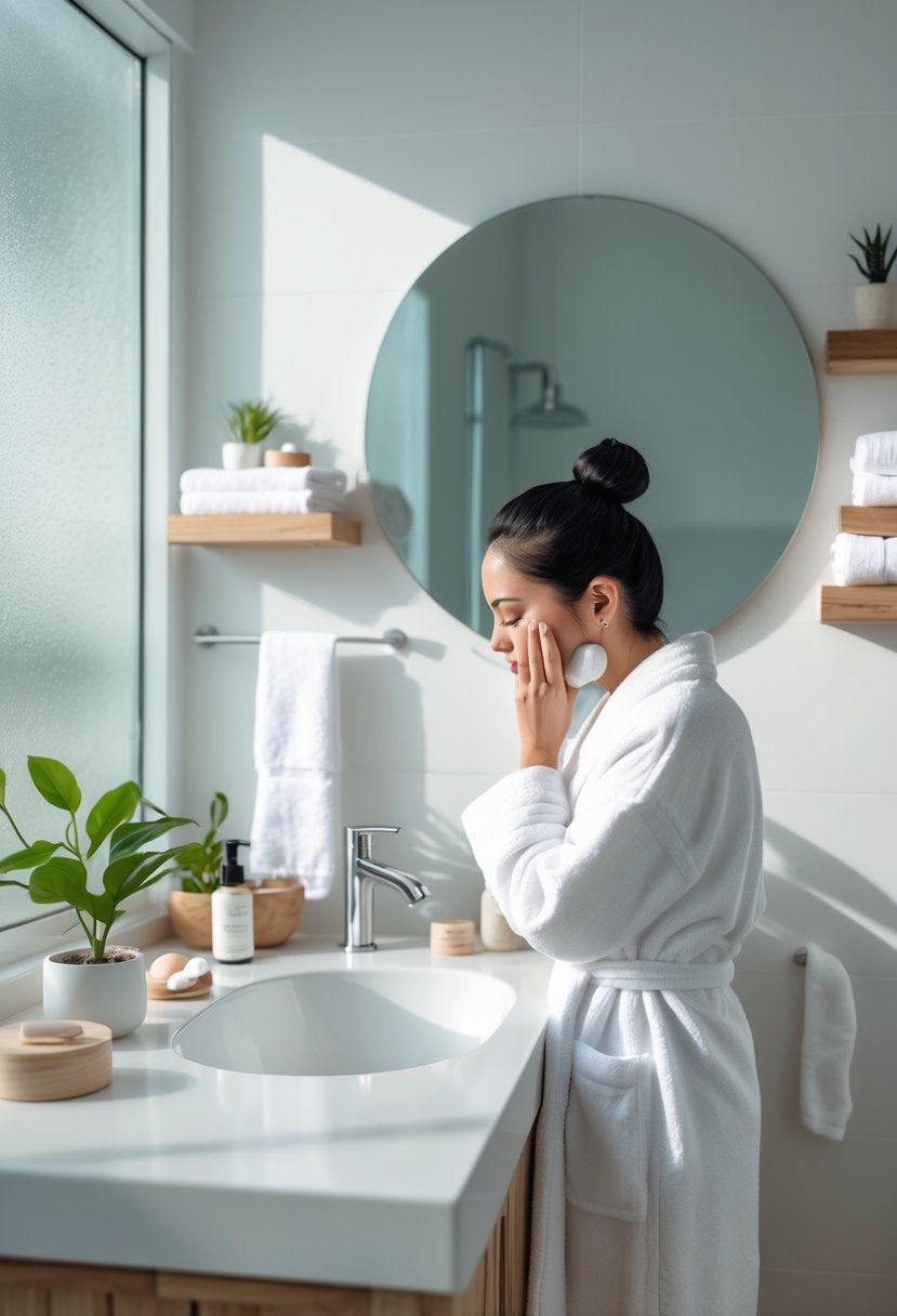 A person washing their face in a bright bathroom with natural light, surrounded by skincare products and plants.