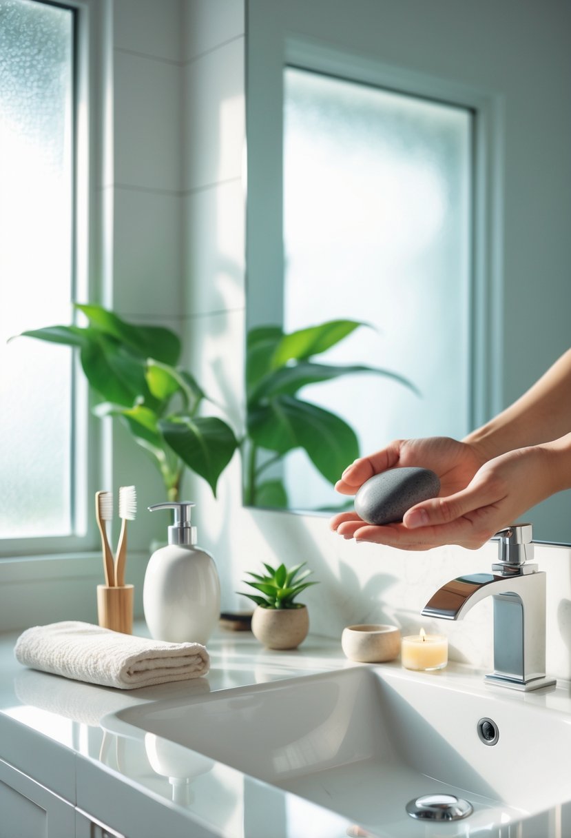 A bright bathroom countertop with a bamboo toothbrush, potted plant, soap dispenser, towel, and hands holding a smooth stone near the sink.