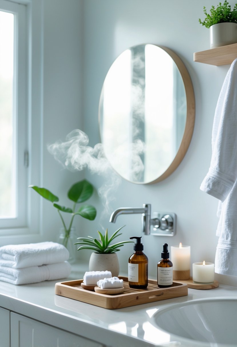 A clean and organized bathroom countertop with towels, skincare products, a plant, and soft natural light streaming through a window.