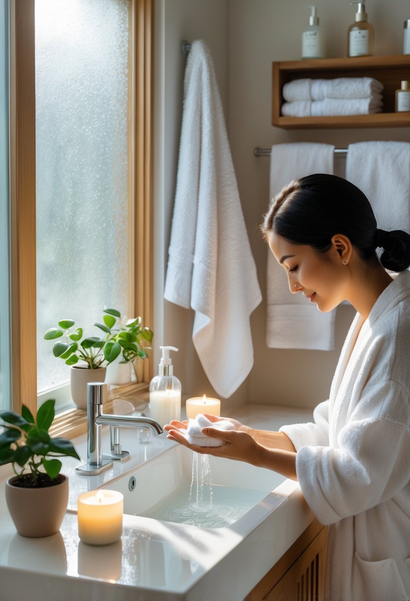 A person washing their face in a bright bathroom with natural light, surrounded by skincare items and towels.