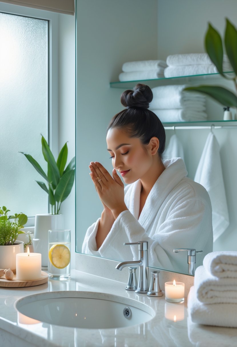 A person washing their face in a bright bathroom with skincare products, a candle, and plants on the counter.