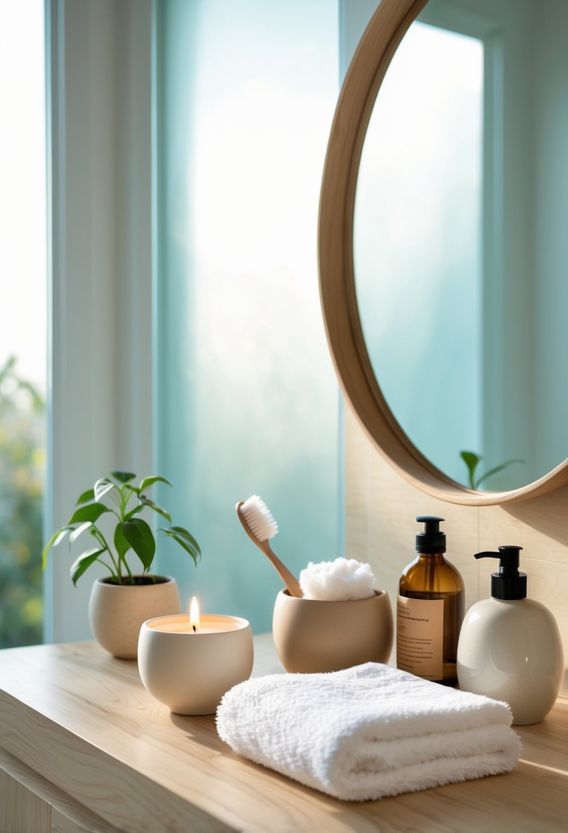 A bright bathroom countertop with a potted plant, lit candle, toothbrush, cotton pads, essential oil, and towel arranged neatly near a round mirror reflecting morning light.