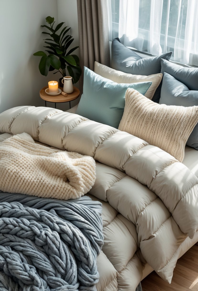 A neatly made bed with multiple warm bedding layers including a comforter, knit blanket, and pillows in a softly lit bedroom.