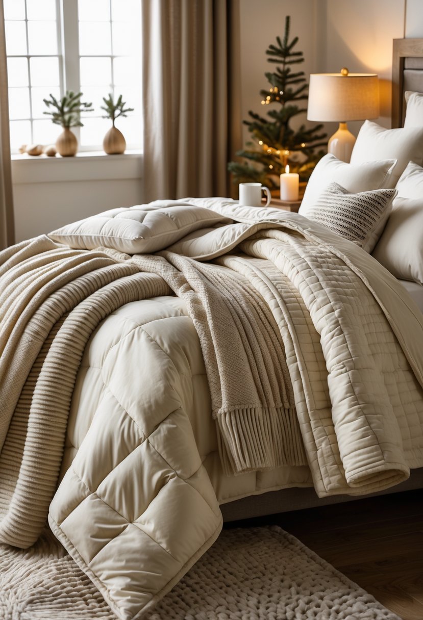 A neatly made bed with multiple layers of winter bedding including a comforter, quilt, and blankets in a cozy bedroom with warm natural light.