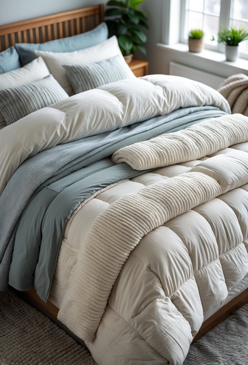 A neatly made bed with multiple winter bedding layers including sheets, blankets, a quilt, and a comforter in a cozy bedroom.