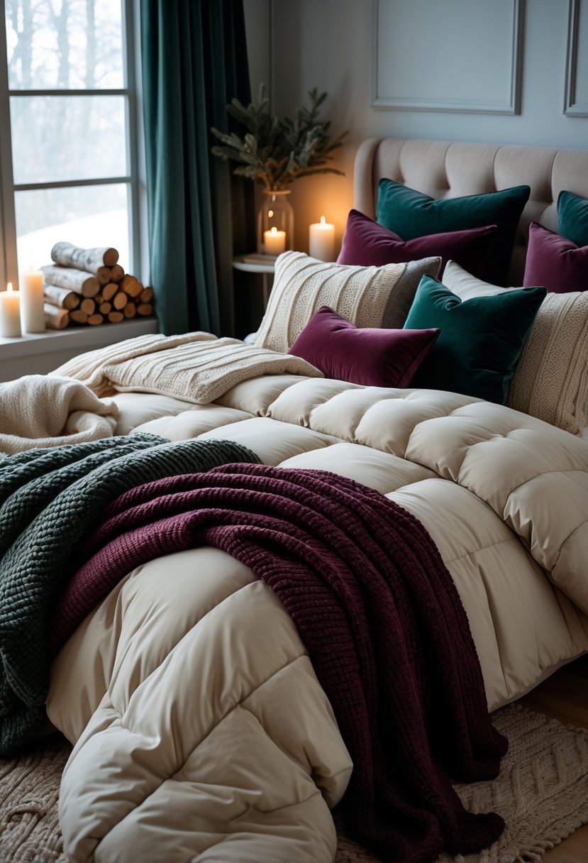 A bed with multiple warm blankets and pillows arranged in a cozy winter bedroom with soft natural light.