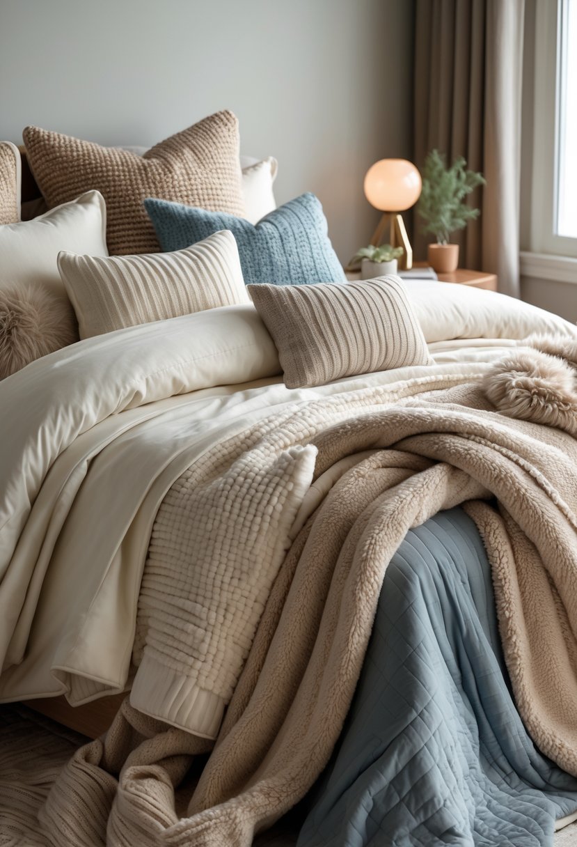 A neatly made bed with multiple warm bedding layers including blankets, quilts, and pillows in a cozy bedroom.