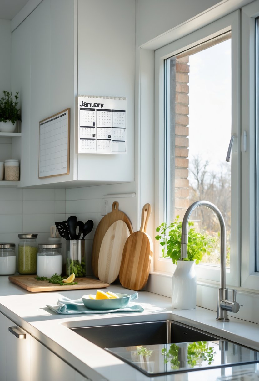A clean, organized kitchen countertop with jars, utensils, a calendar open to January, and natural light coming through a window.