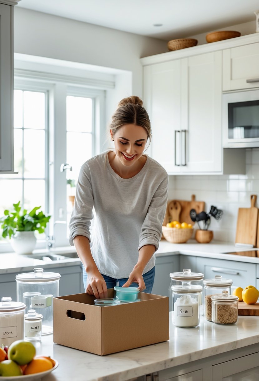 Person organizing a clean kitchen countertop with containers and kitchen tools, preparing for decluttering.