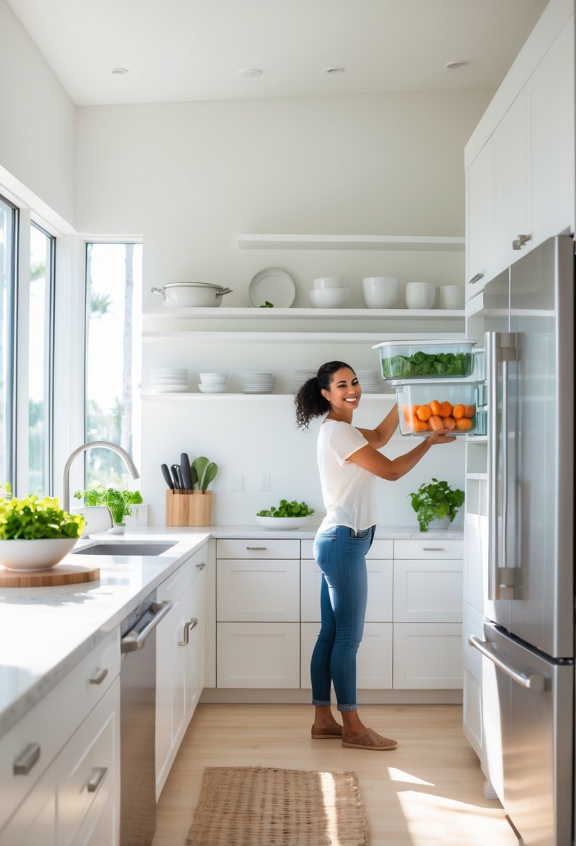 A person organizing fresh vegetables in a clean, bright kitchen with uncluttered countertops and neatly arranged shelves.