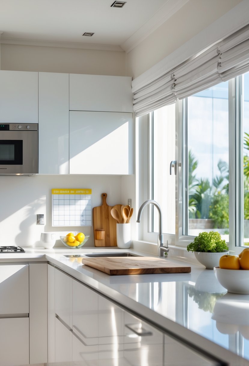 A clean and organized modern kitchen with neatly arranged countertops and natural daylight.