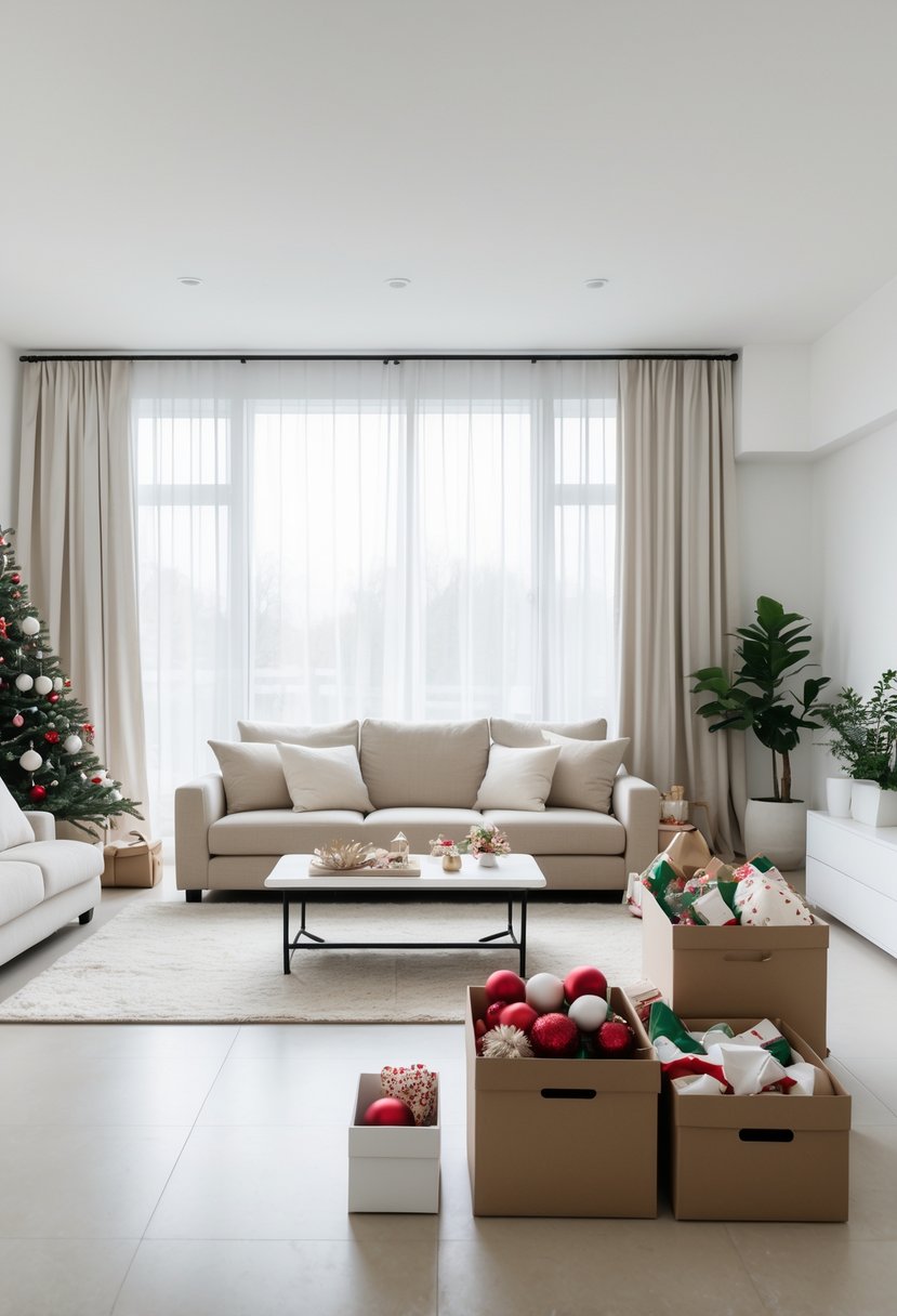 A bright living room being tidied up after the holidays, with a sofa, coffee table, storage boxes, and natural light coming through large windows.