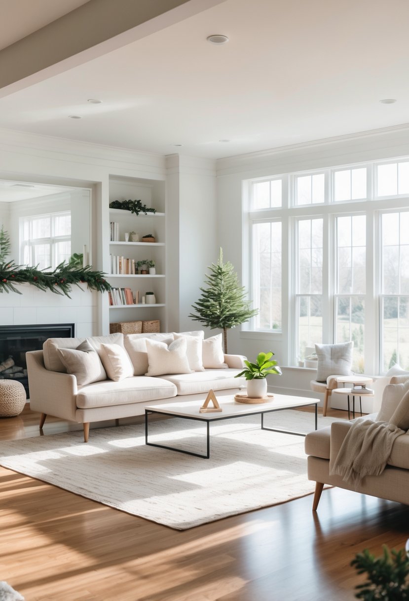 A clean and tidy living room with natural light, a sofa, coffee table, plants, and organized shelves.