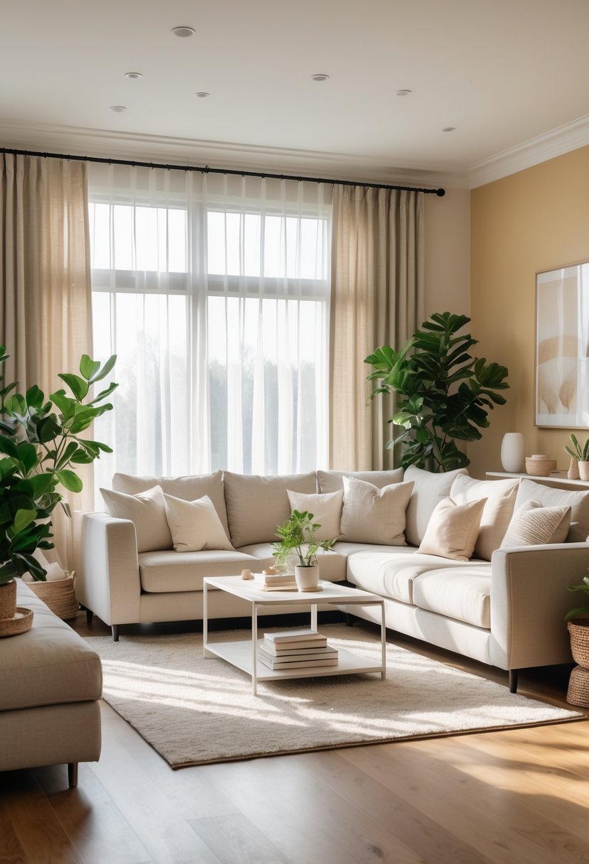 A bright living room with a comfortable sofa, coffee table, plants, and large windows letting in natural light.