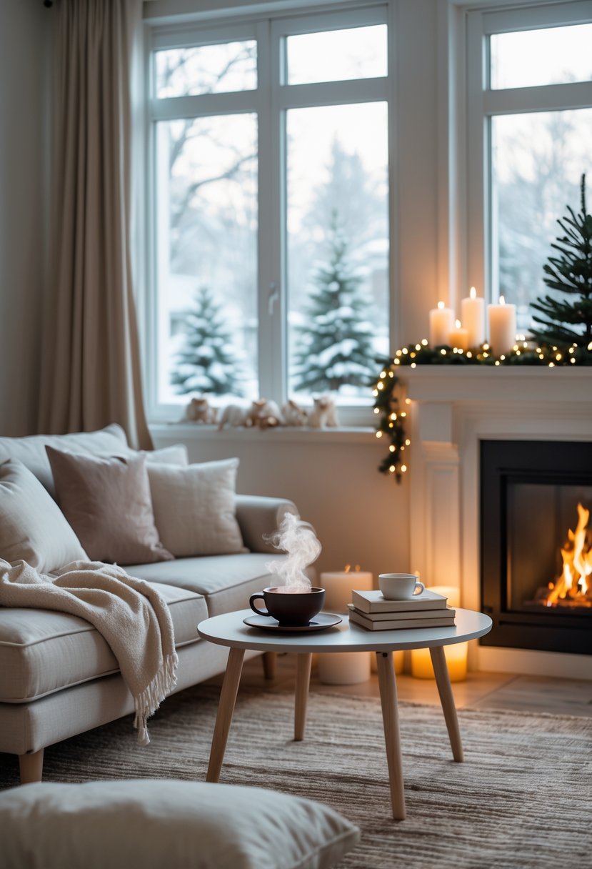 A cozy living room with a sofa, coffee table, fireplace, and snowy window view, creating a calm winter atmosphere.