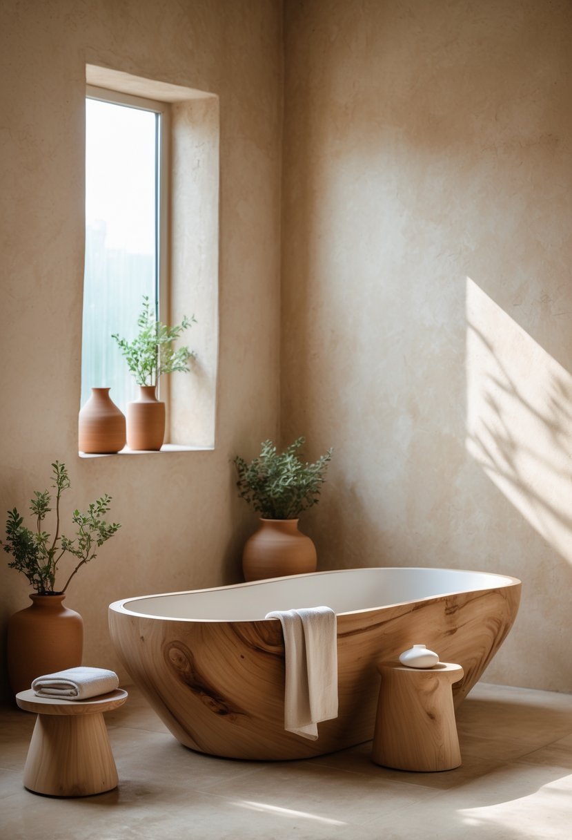 A minimalist bathroom with a wooden bathtub, stone floor, ceramic vessels, and potted plants illuminated by soft natural light.