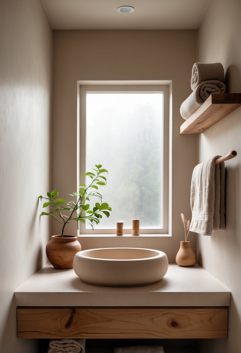 A minimalist bathroom with a wooden vanity, round ceramic sink, stone countertop, soft natural light, a small green plant, and simple wooden shelves holding pottery and towels.