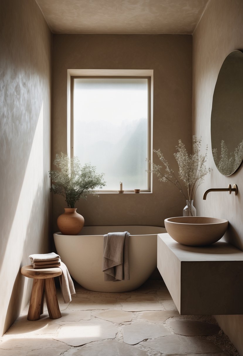 A calm bathroom with a wooden vanity, round ceramic sink, freestanding bathtub, natural stone floor, and plants in a softly lit space.