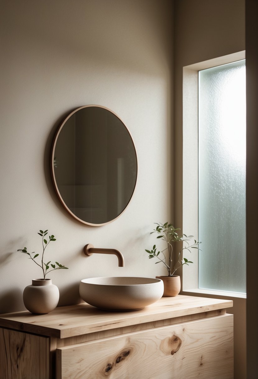 A calm bathroom with a wooden vanity, round mirror, ceramic sink, stone tiles, and a small potted plant illuminated by soft natural light.