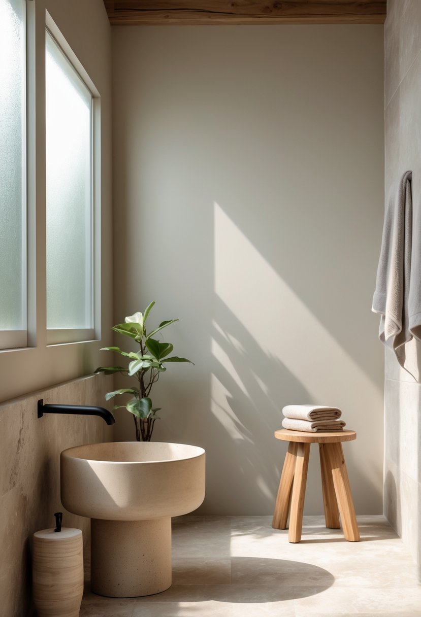 A calm bathroom with natural wood and stone elements, a rustic sink, soft lighting, and a small plant on a wooden stool.