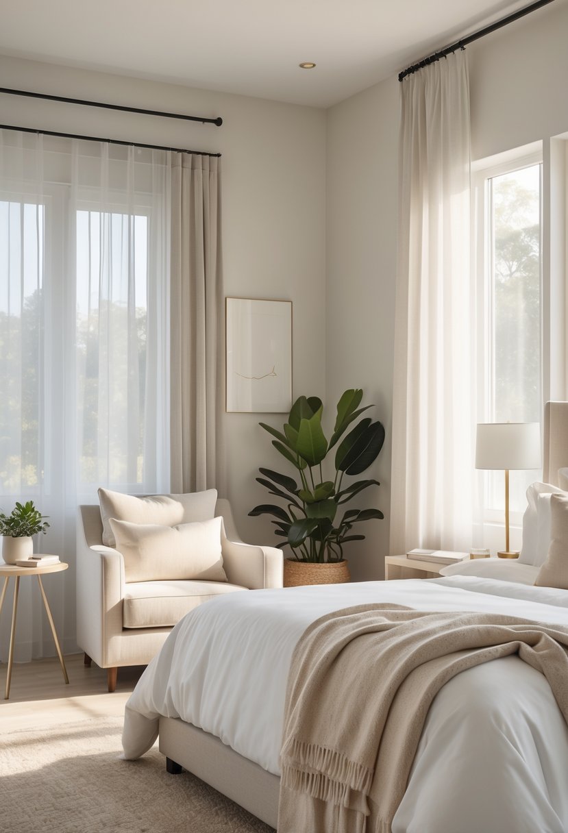 A bright and peaceful bedroom with a large bed, soft pillows, a cozy throw, an armchair, and natural light coming through sheer curtains.