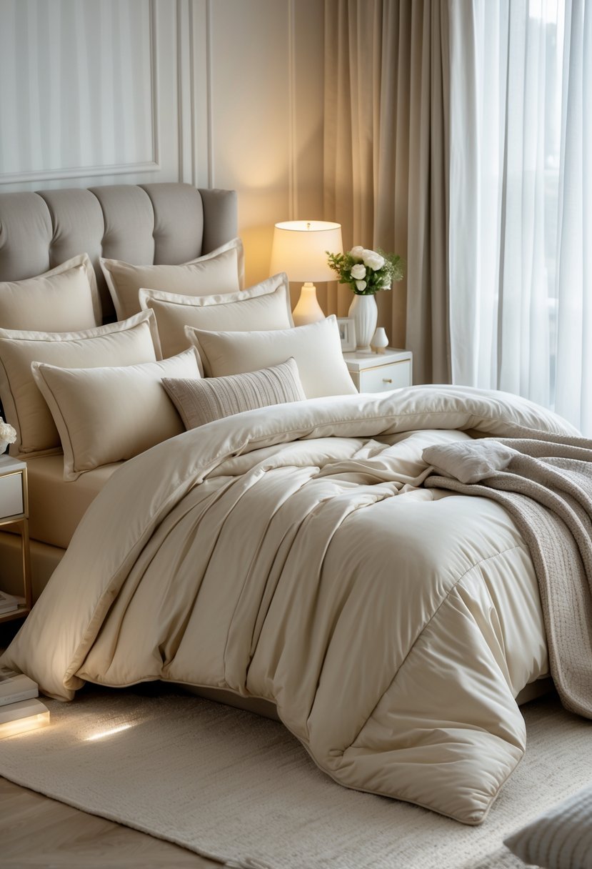A peaceful bedroom with a neatly made bed featuring plush pillows and a thick duvet, soft natural light coming through sheer curtains, and simple bedside tables with a small vase and lamp.