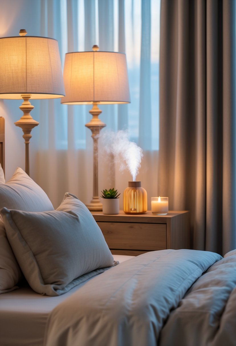 A cozy bedroom with warm lighting, a neatly made bed, a diffuser on a nightstand, and soft natural light coming through sheer curtains.