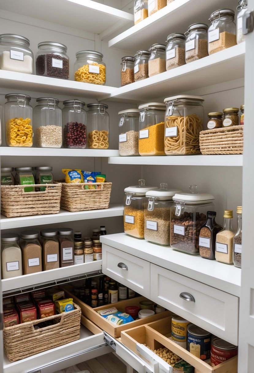 v2 176ne7 A tidy kitchen pantry with shelves holding clear jars, baskets, and containers neatly organizing dry goods and snacks.