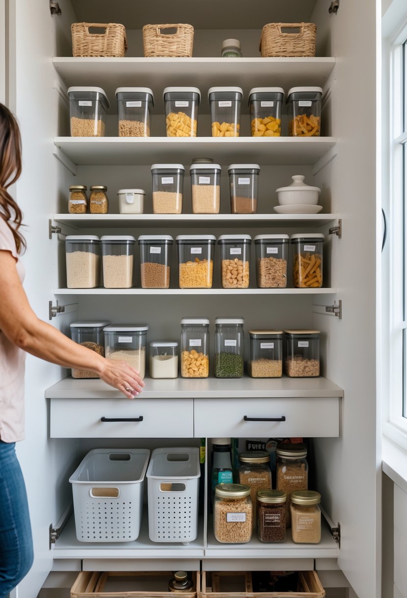 v2 176net qpler A person organizing a modern kitchen pantry with clear containers and baskets on shelves filled with dry food items.