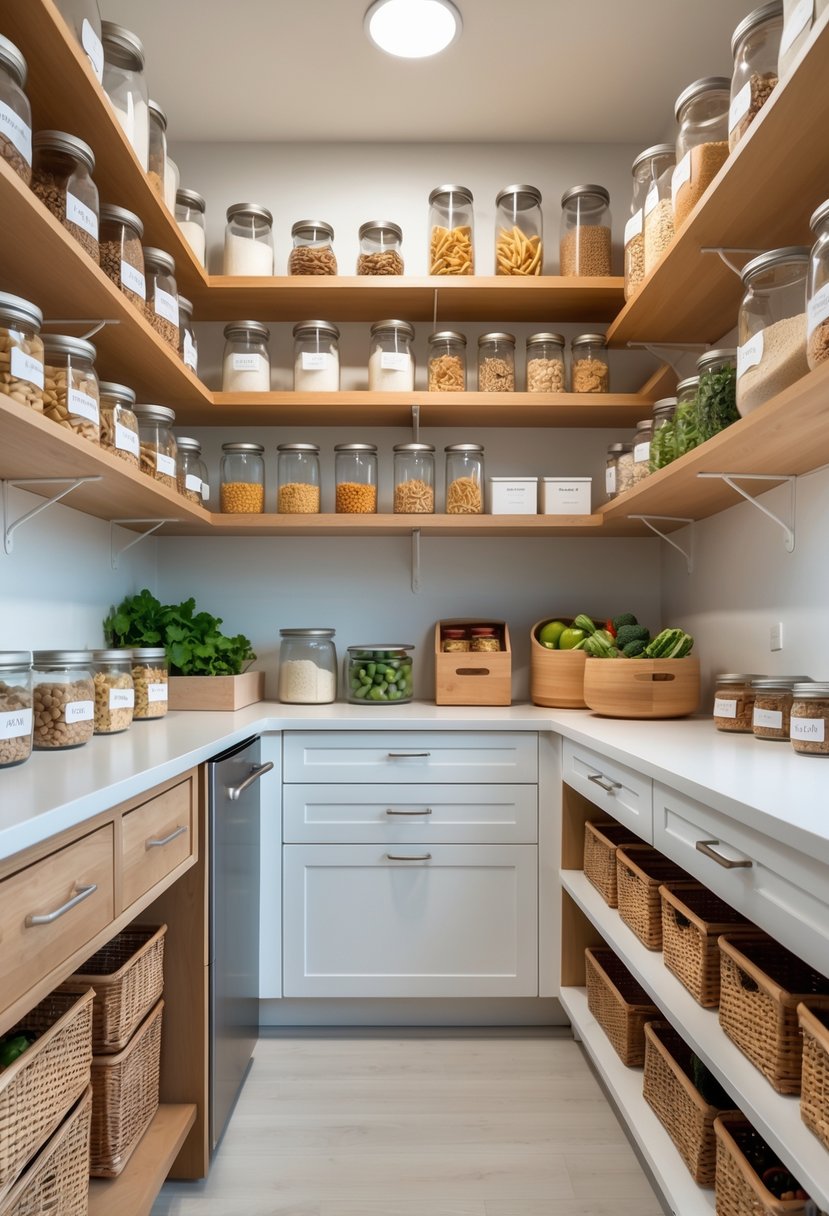 v2 176nfi uez8l A well-organized kitchen pantry with shelves holding jars, baskets, and pull-out drawers filled with food items.