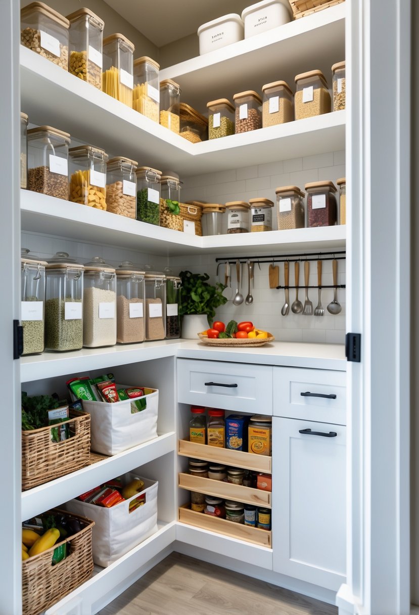 v2 176ngc jtfa7 A neatly organized kitchen pantry with clear jars, containers, baskets, and hooks holding various food items and kitchen tools.
