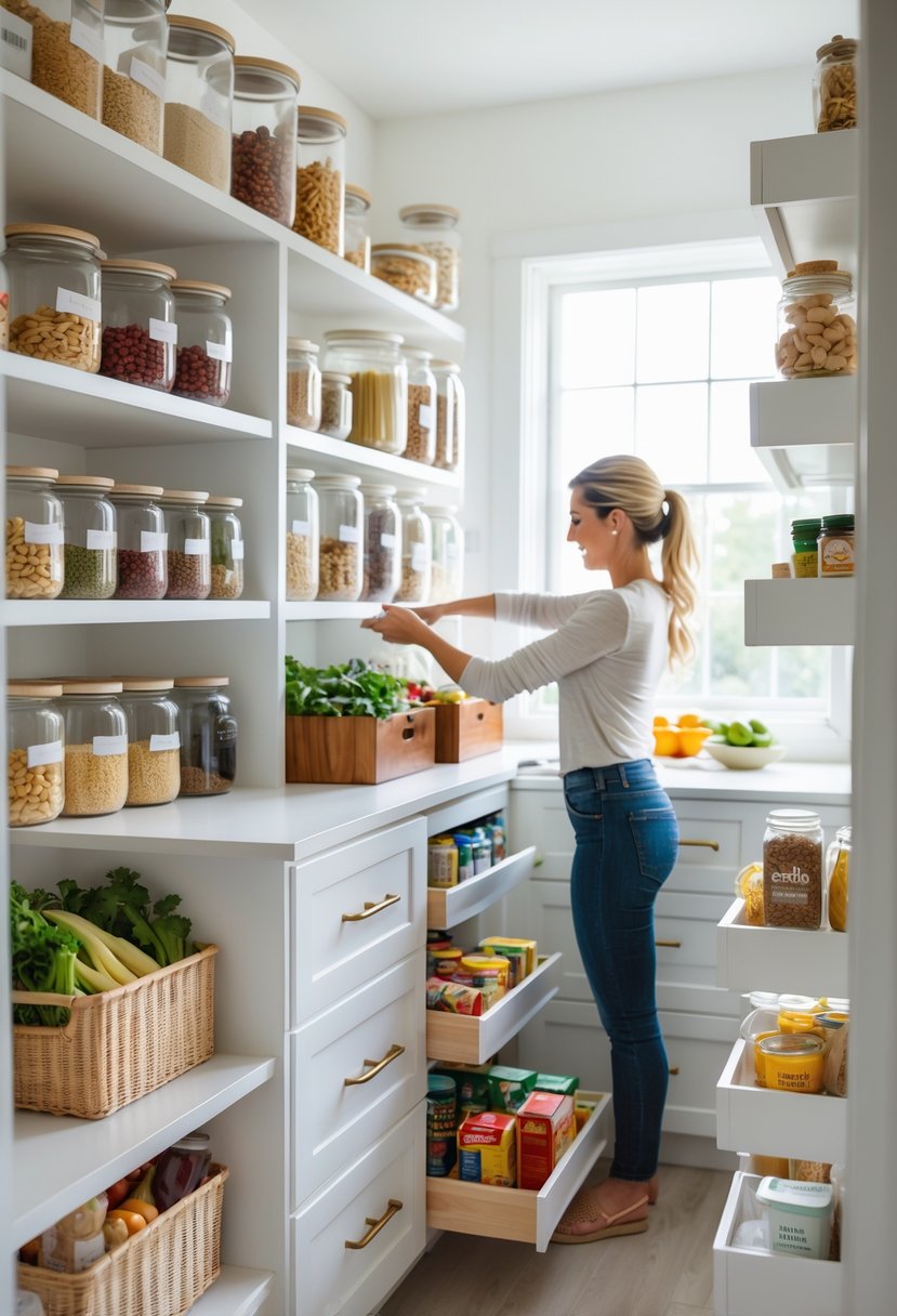 v2 176ngz 8go3l A well-organized kitchen pantry with clear jars, baskets, and pull-out drawers neatly arranged on shelves.