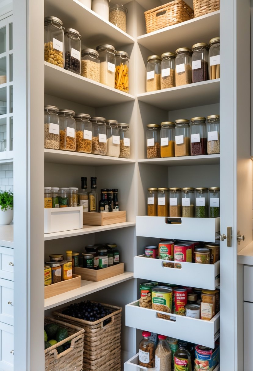 v2 176nhg ovz9u A neatly organized kitchen pantry with clear jars, baskets, and shelves holding various food items.