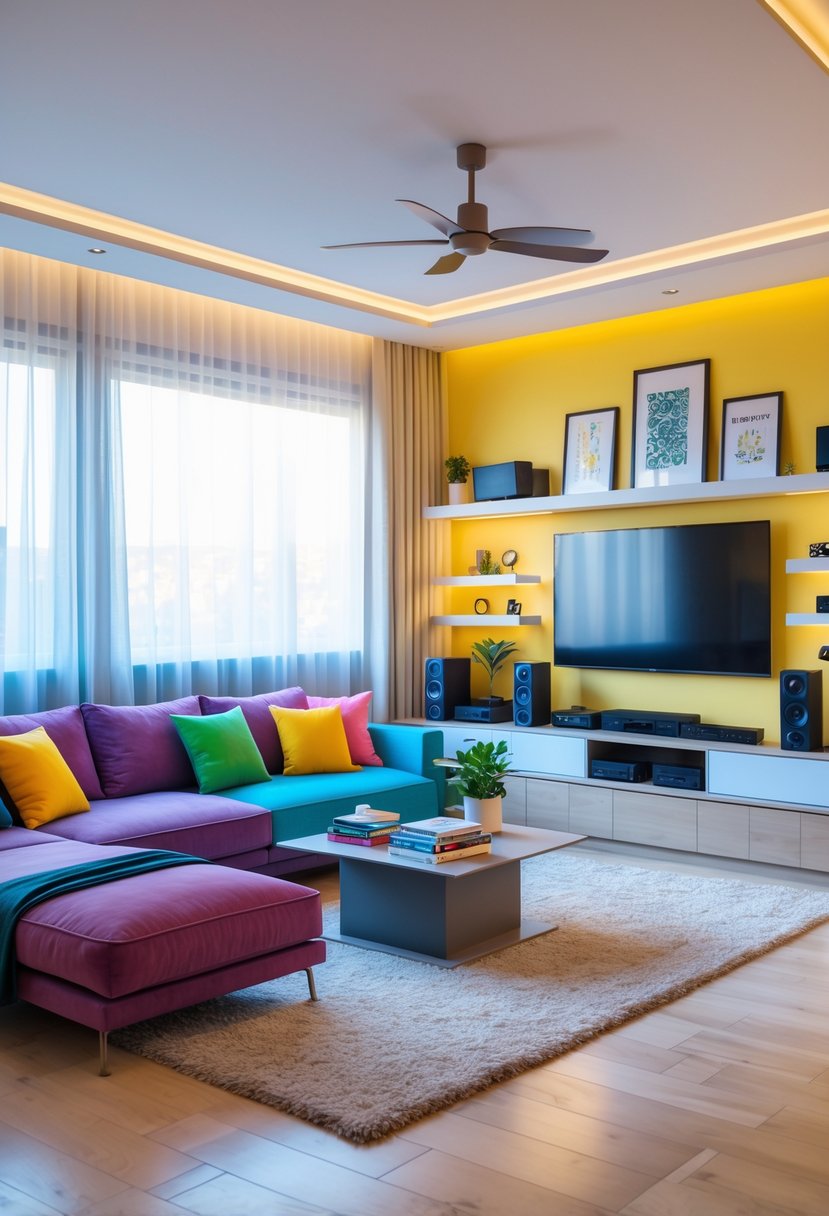 A bright living room with a large sofa, coffee table, wall-mounted TV, and decorative shelves, illuminated by natural light from big windows.