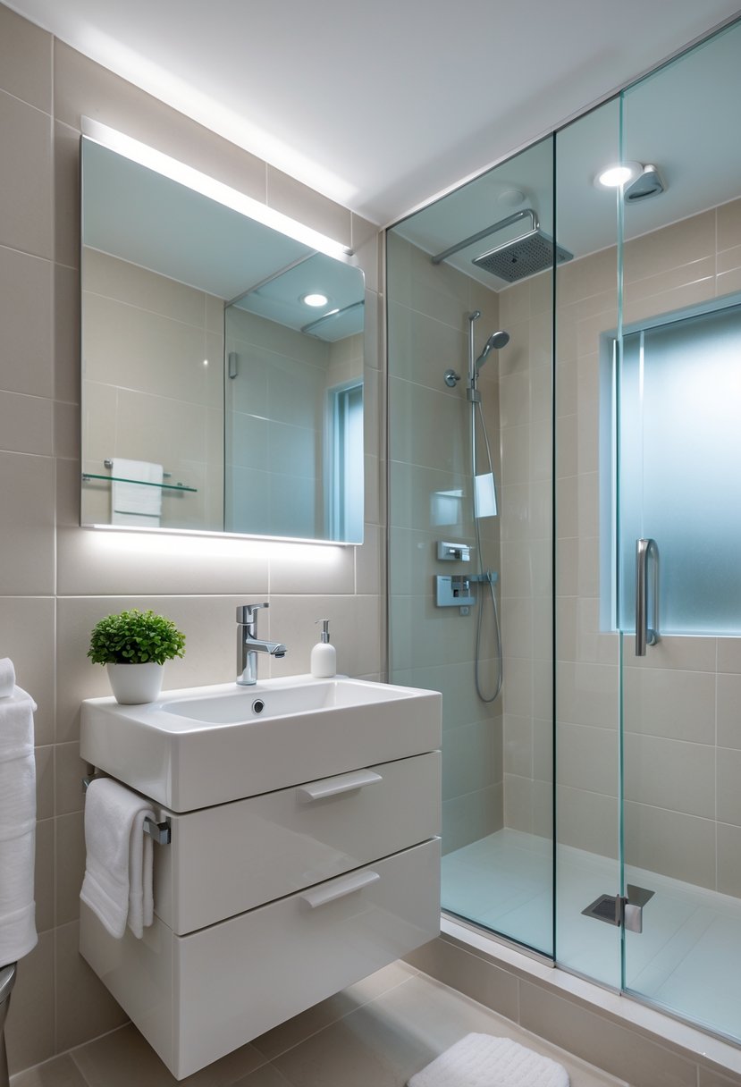 v2 17e163 0ws06 Small bathroom with a sink, mirror, corner shower, and natural light from a window.