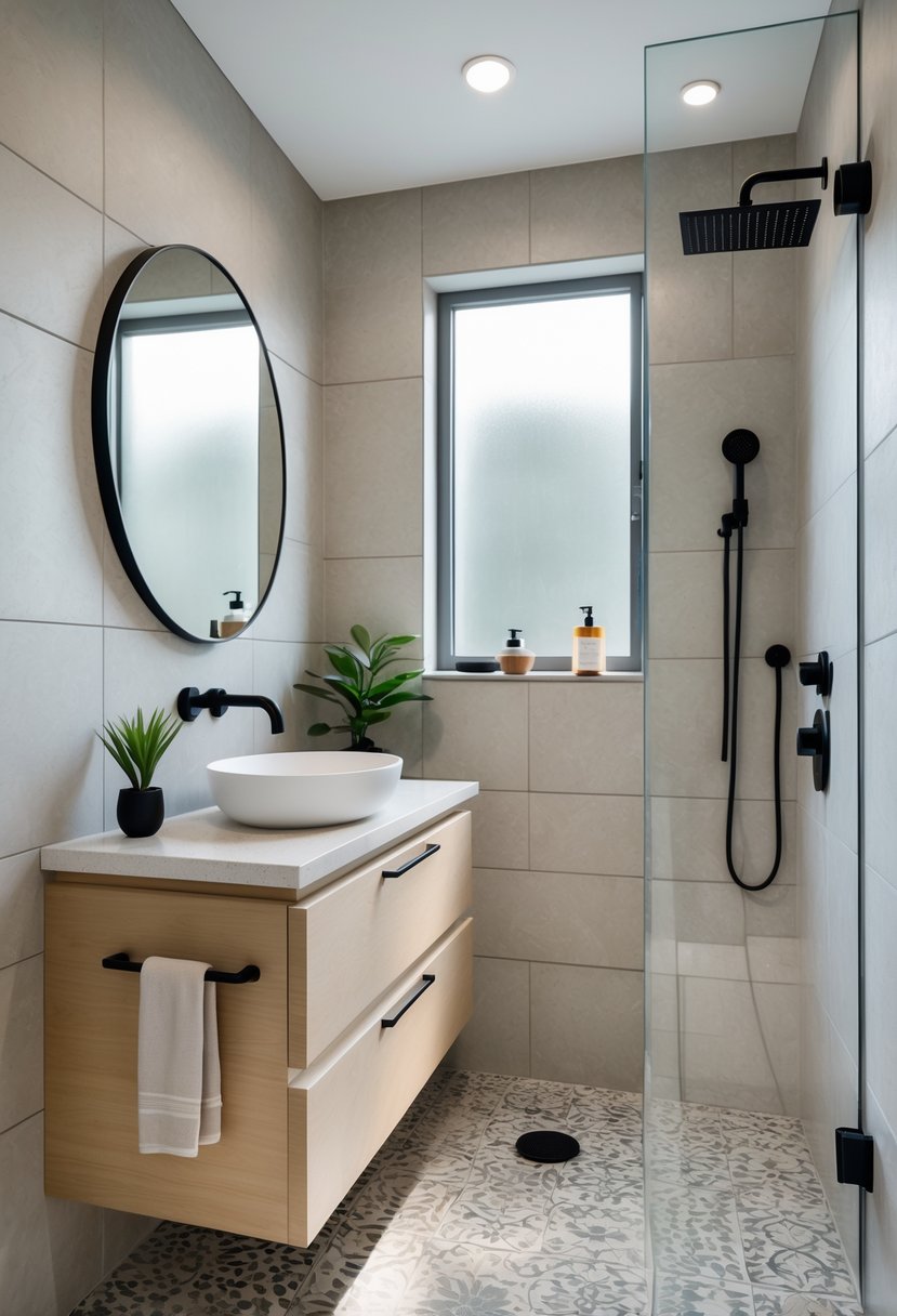 v2 17e188 z5ds2 A small bathroom with a floating vanity, round mirror, walk-in shower, and natural light coming through a window.