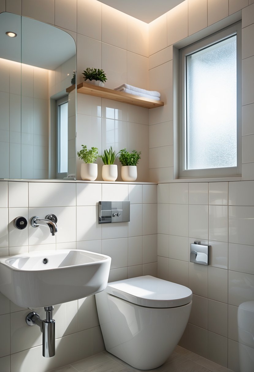 v2 17e18y A small bathroom with a sink, mirror, toilet, and natural light coming through a window.