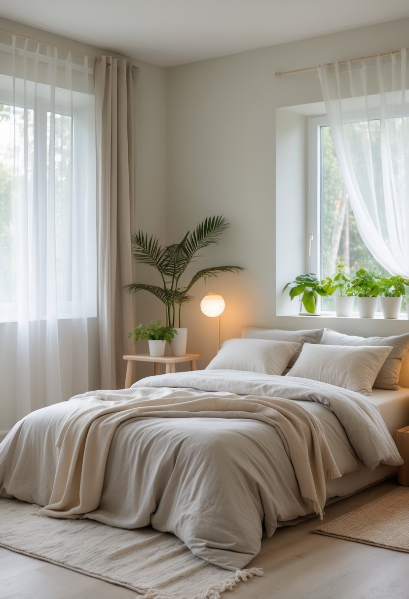 v2 17e1yh myvkj A calming bedroom with a neatly made bed, soft natural light, plants, and minimalist wooden furniture.